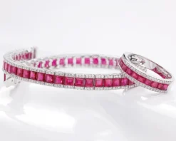 Bransoleta z białego złota z brylantami i rubinami - 18 cm - próba 585
