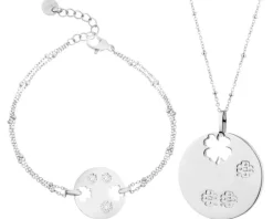 Bransoletka i naszyjnik ze stali szlachetnej - komplet - koniczyna, koła