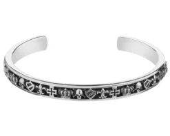 Bransoletka srebrna - czaszki, korona, krzyż, tarcza, lilijka