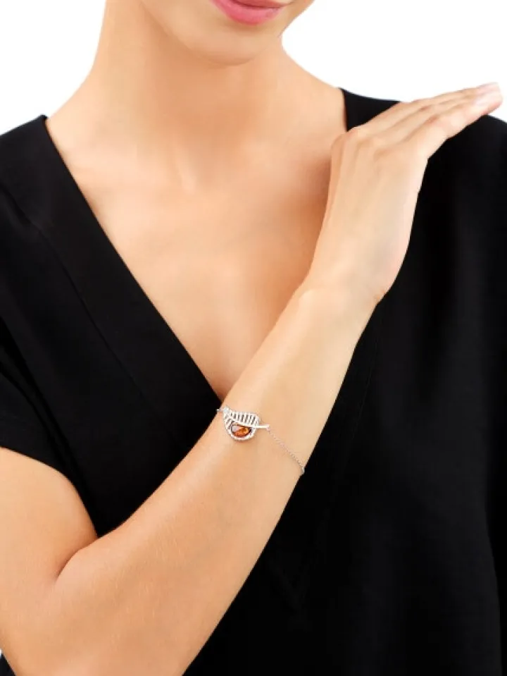 Bransoletka srebrna z bursztynem - liść