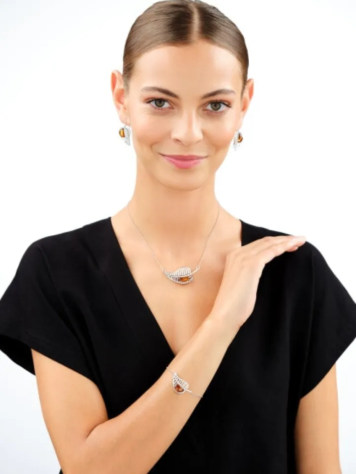 Bransoletka srebrna z bursztynem - liść