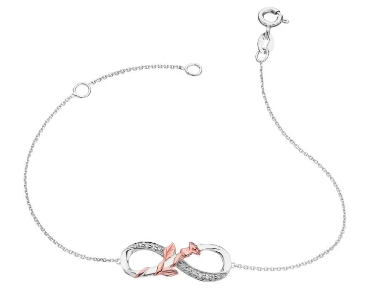 Bransoletka z białego i różowego złota z diamentami - róża, nieskończoność - 0,06 ct - próba 375