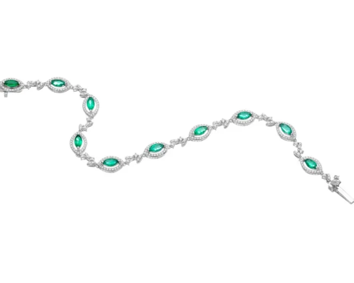 Bransoletka z białego złota z brylantami i szmaragdami - 19 cm - próba 585