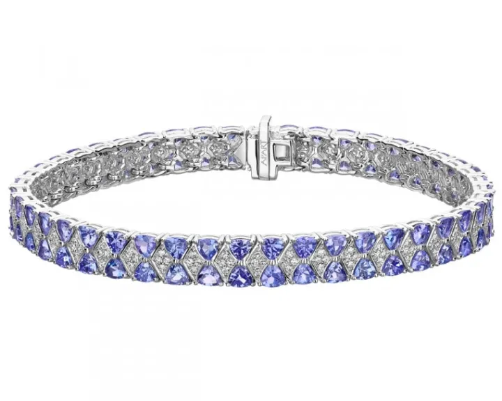 Bransoletka z białego złota z diamentami i tanzanitami - 18 cm - próba 585