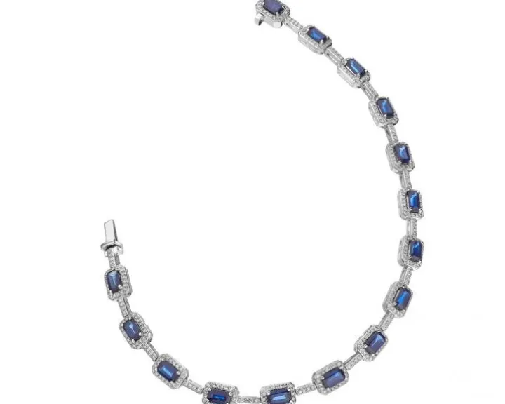 Bransoletka z białego złota z diamentami i szafirami - 18 cm - próba 585