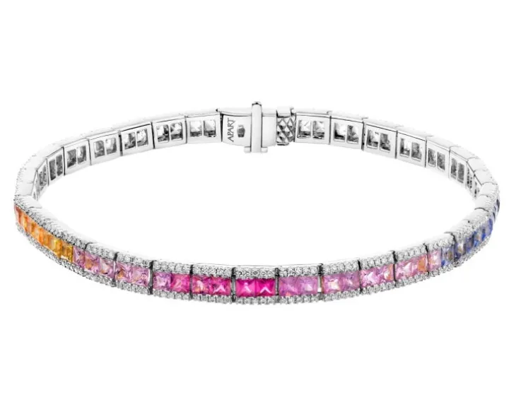 Bransoletka z białego złota z brylantami i szafirami kolorowymi - 19 cm - próba 585
