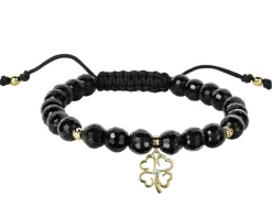 Bransoletka z brylantem, agatami i elementami żółtego złota - koniczyna - próba 375