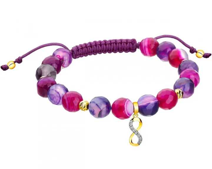 Bransoletka z diamentem, agatami i elementami żółtego złota - nieskończoność - próba 585