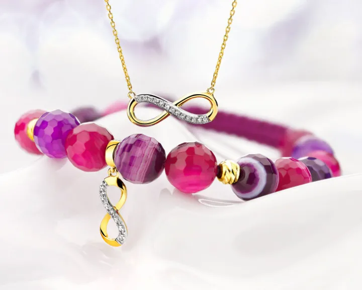 Bransoletka z diamentem, agatami i elementami żółtego złota - nieskończoność - próba 585