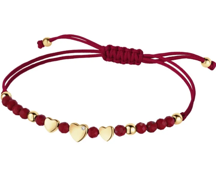 Bransoletka z diamentem, jaspisami i elementami żółtego złota - serca - próba 375