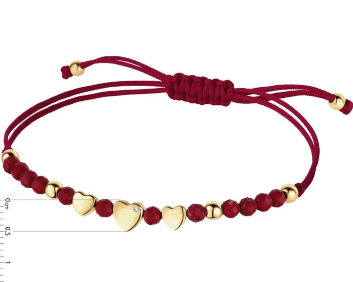 Bransoletka z diamentem, jaspisami i elementami żółtego złota - serca - próba 375