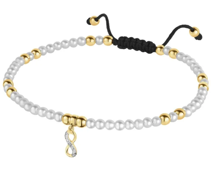 Bransoletka z diamentem, perłami i elementami żółtego złota - nieskończoność - próba 375