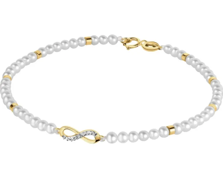 Bransoletka z diamentem, perłami i elementami żółtego złota - nieskończoność - 18 cm - próba 585