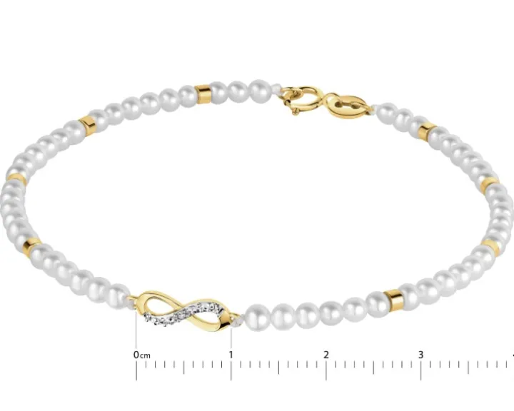 Bransoletka z diamentem, perłami i elementami żółtego złota - nieskończoność - 18 cm - próba 585