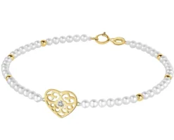 Bransoletka z diamentem, perłami i elementami żółtego złota - serce - 18 cm - próba 375