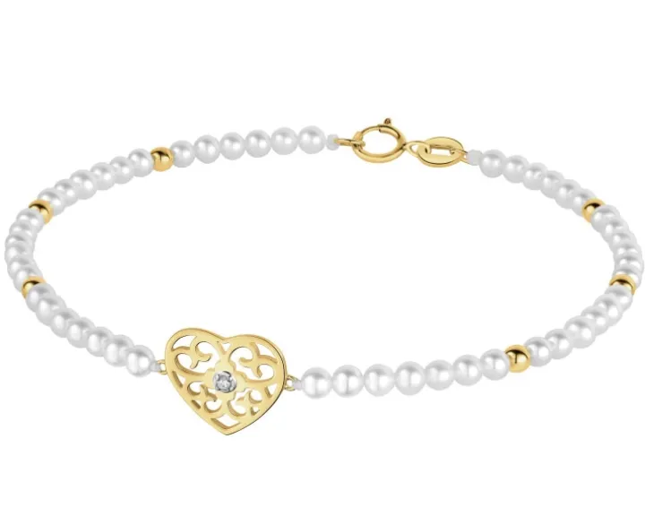 Bransoletka z diamentem, perłami i elementami żółtego złota - serce - 18 cm - próba 375