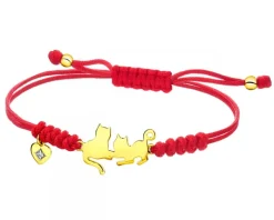 Bransoletka z elementami żółtego złota i diamentem - koty, serce - 0,003 ct - próba 375