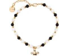 Bransoletka z mosiądzu pozłacana z agatami, cyrkoniami, masą perłową i emalią - pszczółka