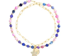 Bransoletka z mosiądzu pozłacana z agatami i cyrkoniami - kwiat