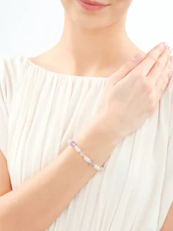 Bransoletka z mosiądzu pozłacana z kwarcami, kryształami i ametystami