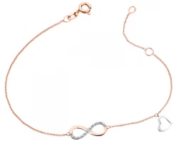 Bransoletka z różowego i białego złota z diamentami - nieskończoność i serce - 0,01 ct - próba 375