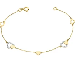 Bransoletka z żółtego złota z brylantami - serca - 0,04 ct - próba 585