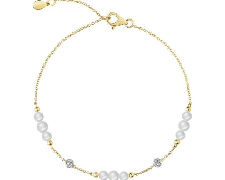 Bransoletka z żółtego złota z diamentami i perłami - próba 585
