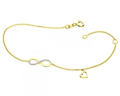 Bransoletka z żółtego złota z diamentami - nieskończoność, serce - 0,01 ct - próba 375