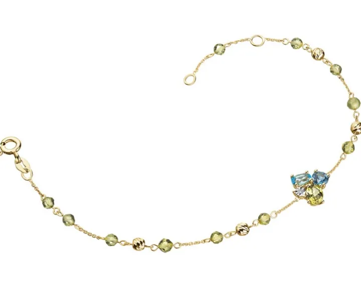 Bransoletka z żółtego złota z diamentem, peridotami i topazami - próba 375