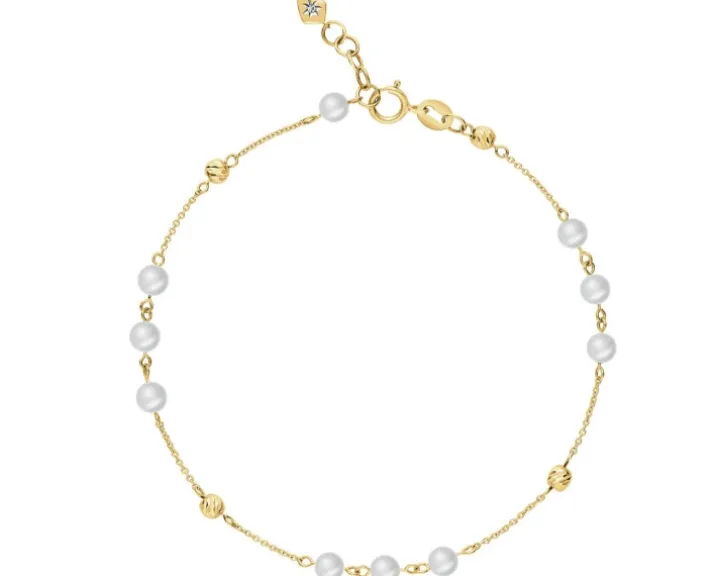 Bransoletka z żółtego złota z diamentem i perłami - próba 375