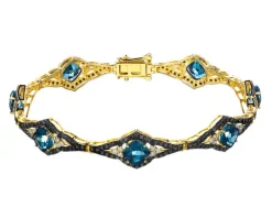 Bransoletka z żółtego złota z brylantami i topazami London Blue - 18 cm - próba 585