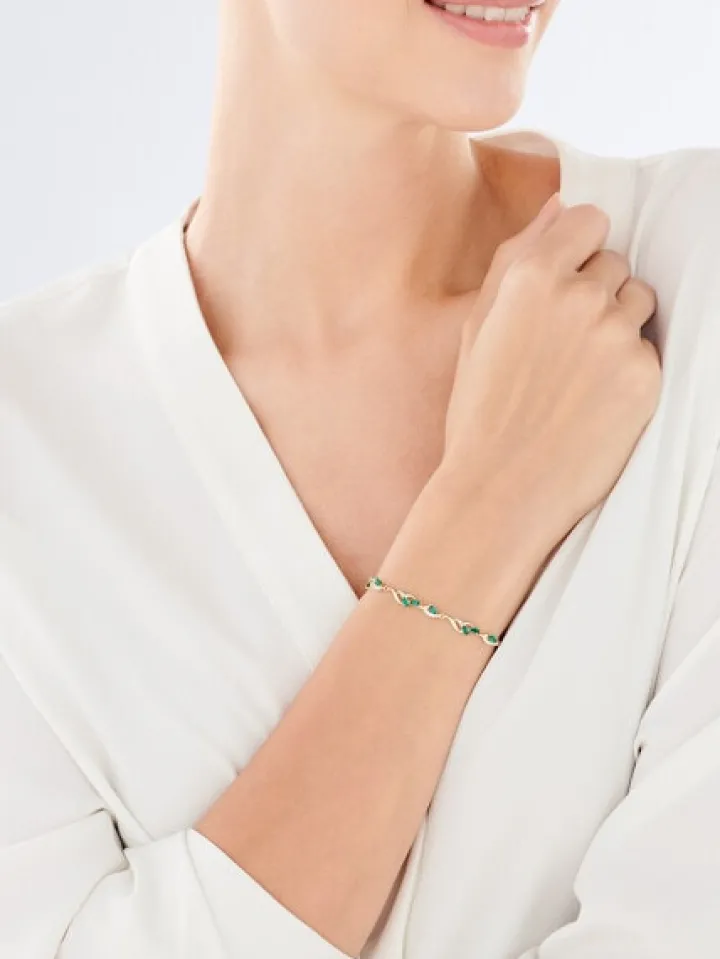 Bransoletka z żółtego złota z diamentami i szmaragdami syntetycznymi - 18 cm - próba 375