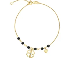 Bransoletka z żółtego złota z brylantem i agatami - koniczyna, serca - próba 375