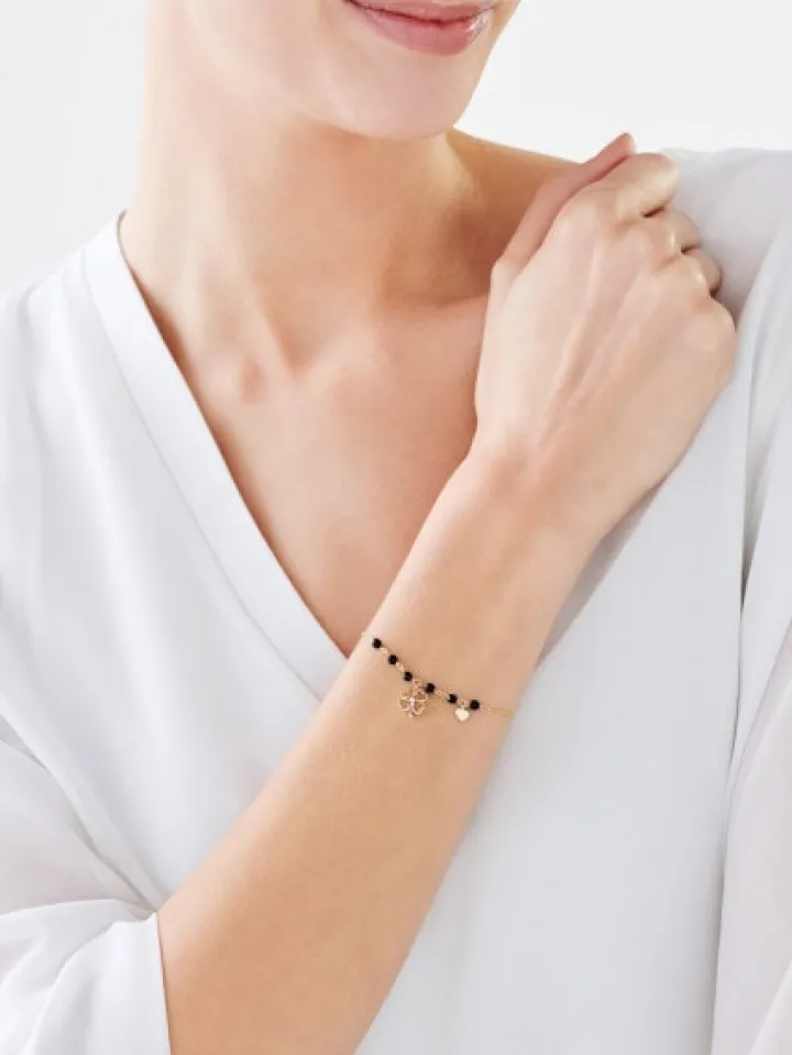 Bransoletka z żółtego złota z brylantem i agatami - koniczyna, serca - próba 375