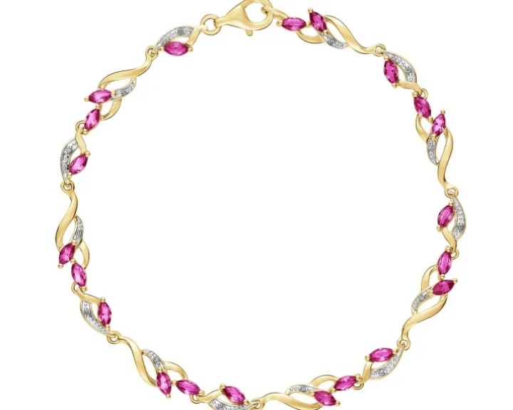 Bransoletka z żółtego złota z diamentami i rubinami syntetycznymi - 18 cm - próba 375