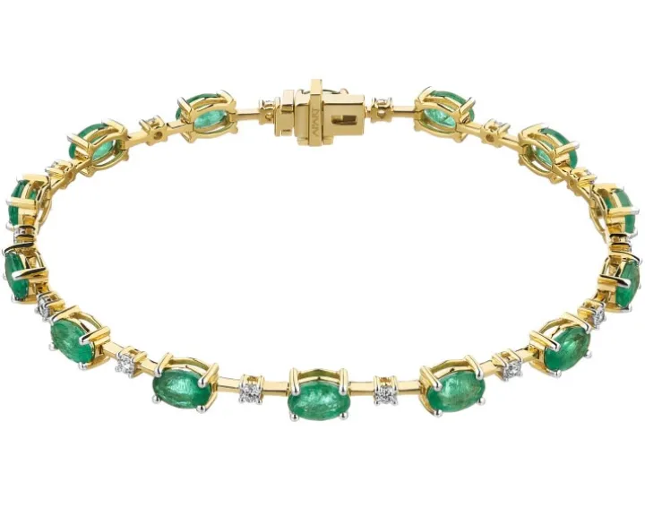 Bransoletka z żółtego złota z brylantami i szmaragdami - 18 cm - próba 750
