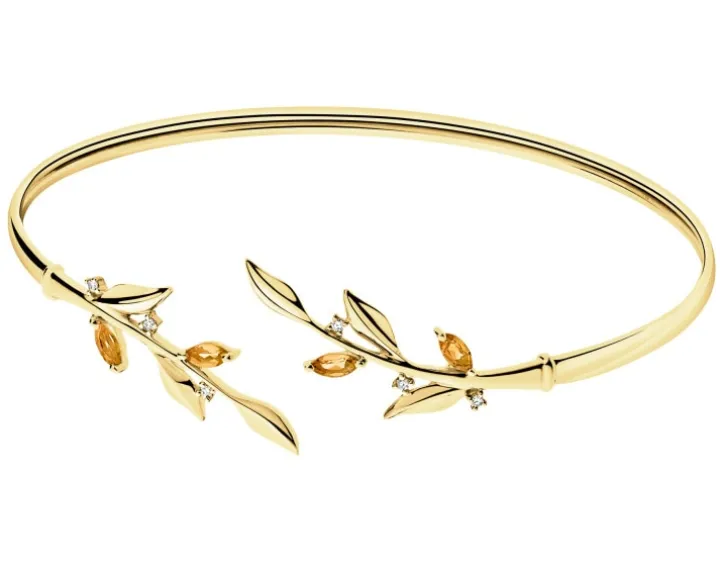 Bransoletka z żółtego złota z diamentami i cytrynami - liście - próba 375