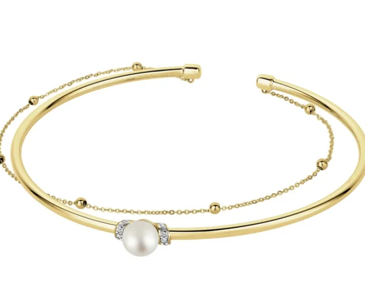 Bransoletka z żółtego złota z diamentami i perłą - próba 375