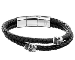 Bransoletka ze stali szlachetnej i skóry - czaszki