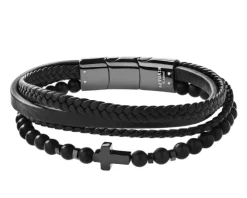 Bransoletka ze stali szlachetnej i skóry z hematytami - krzyż