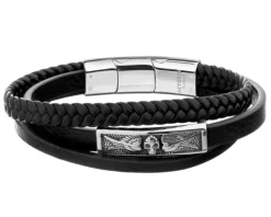 Bransoletka ze stali szlachetnej i skóry - czaszka, skrzydła