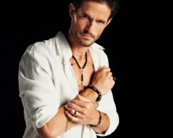 Bransoletka ze stali szlachetnej z hematytami, kamieniami jubilerskimi i lawą