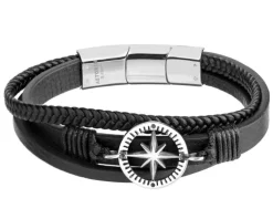 Bransoletka ze stali szlachetnej i skóry - kompas