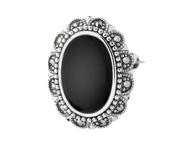 Broszka - zawieszka srebrna z onyksem i markasytami