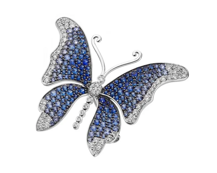 Broszka - zawieszka z białego złota z brylantami i szafirami - motyl - próba 750