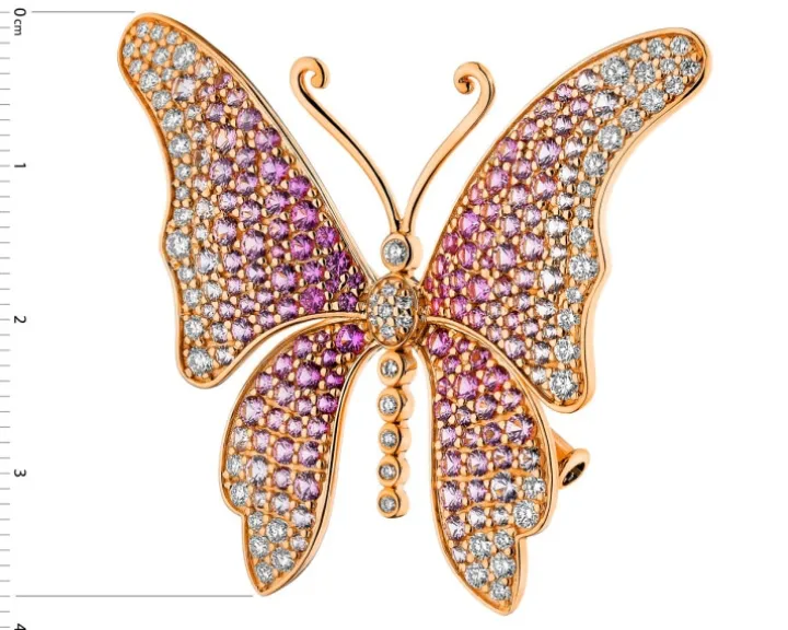 Broszka - zawieszka z różowego złota z brylantami i szafirami - motyl - próba 750