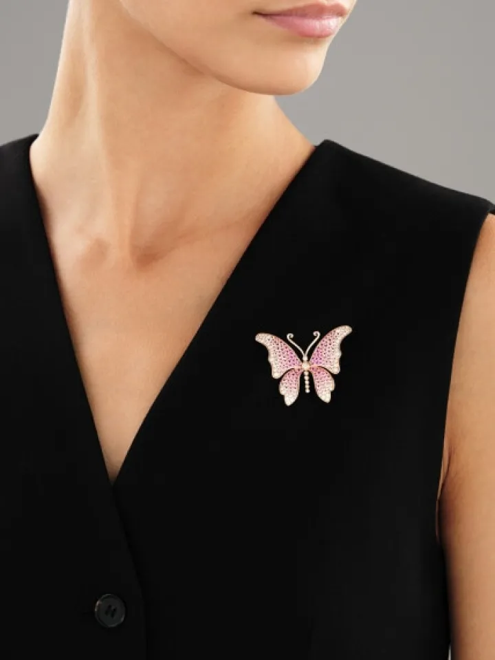 Broszka - zawieszka z różowego złota z brylantami i szafirami - motyl - próba 750