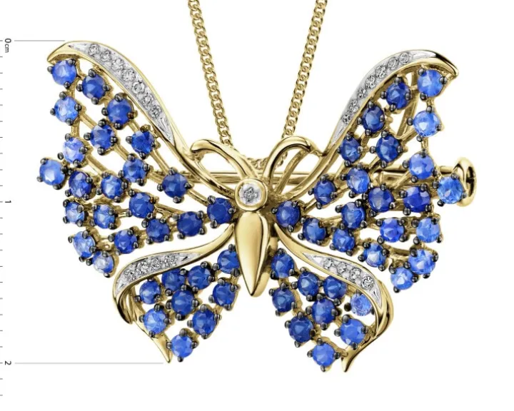 Broszka - zawieszka z żółtego złota z diamentami i szafirami - motyl - próba 585