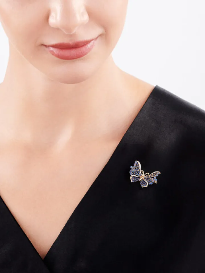 Broszka - zawieszka z żółtego złota z diamentami i szafirami - motyl - próba 585