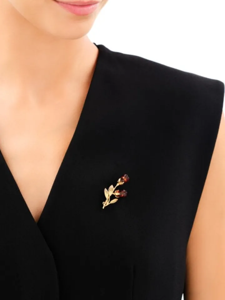 Broszka srebrna z bursztynem - róże